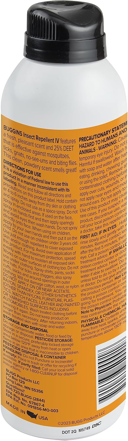 BUGGINS IV Performance - Insect Repellent - Mosquitoes, Gnats, Ticks, and Biting Flies, 25% DEET, Powdery Scent - 6 oz Continuous Spray Can...