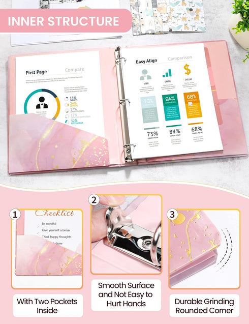 3 Ring Binder 1 Inch, SUNEE Cute Binder with 2 Pockets, Decorative Pink Marble Three Ring Binder Heavy Duty (Fit 8.5x11 Inches) for School Supplie...