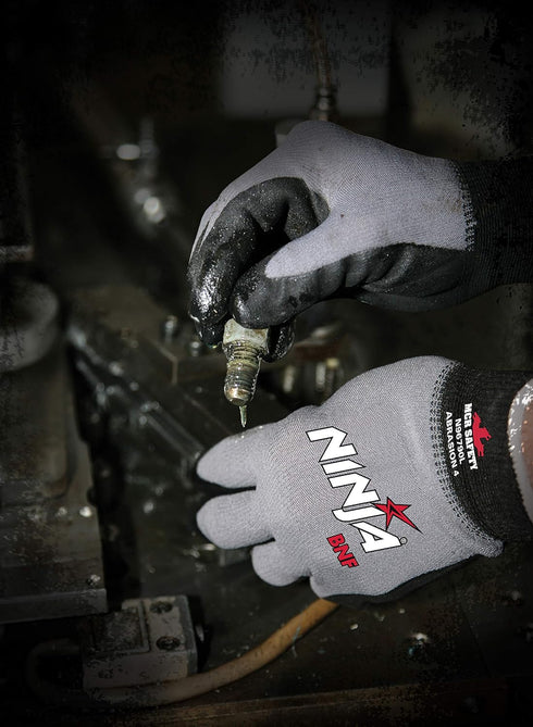 MCR Safety Gloves N96790XL Ninja BNF 15 Gauge Work Gloves, Nylon/Spandex Shell with NFT Coated Palm & Fingertips, Black/Grey, XL...