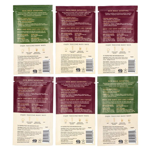 Teeccino Herbal Coffee Sampler - 6 x 30g Trial Size Chicory Coffee Alternatives - French Roast, Vanilla Nut, Hazelnut, Mocha, Maca Chocolate, Java...