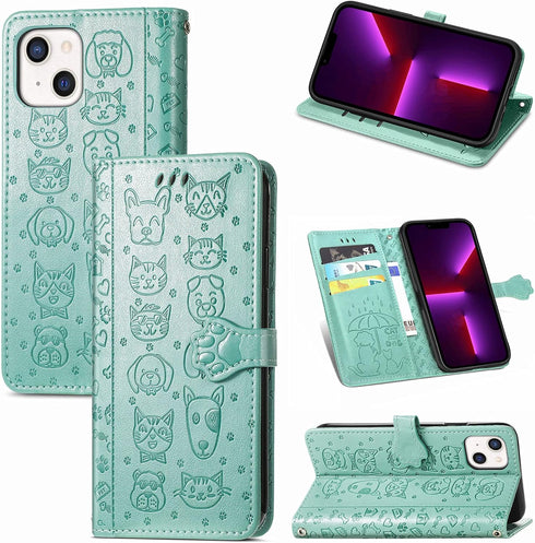 CCSmall for iPhone 14 Plus PU Leather Flip Wallet Case, Cat Dog Cartoon Cute Style with ID Card Holder Phone Cover Case for Apple iPhone 14 Plus M...