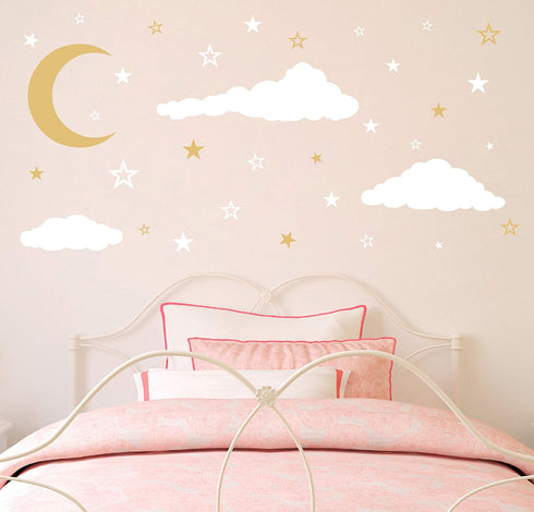 GESTYZ Vinyl Wall Stickers, Stars and Clouds Decal, White, Gold, for Nursery, Bedroom, Kids Room Wall Decoration...