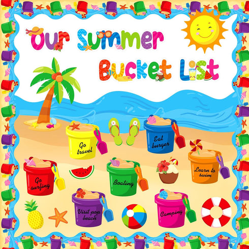 57 Pcs Summer Bulletin Board Decorations Set Our Summer Bucket List Classroom Decor Hawaii Sun Beach Bucket Paper Cutouts with Borders for Home Sc...