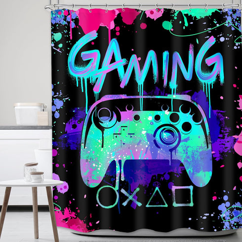 Boys Gamer Shower Curtain Kids Gaming Cool Video Game Teal Neon Controller Bathroom Decor Colorful Graffiti Gamepad Teen Men Unique Cool 72Wx72H B...