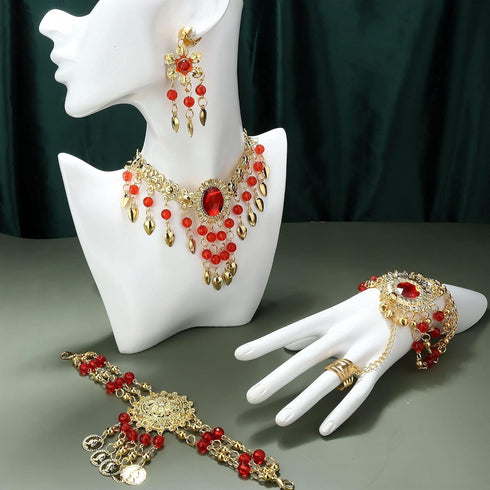 JOERICA Gold Plated Belly Dance Jewelry Set for Women Head Jewelry Triangle Bracelet Rings Statement Necklace Clip on Earrings Indian Bollywood St...