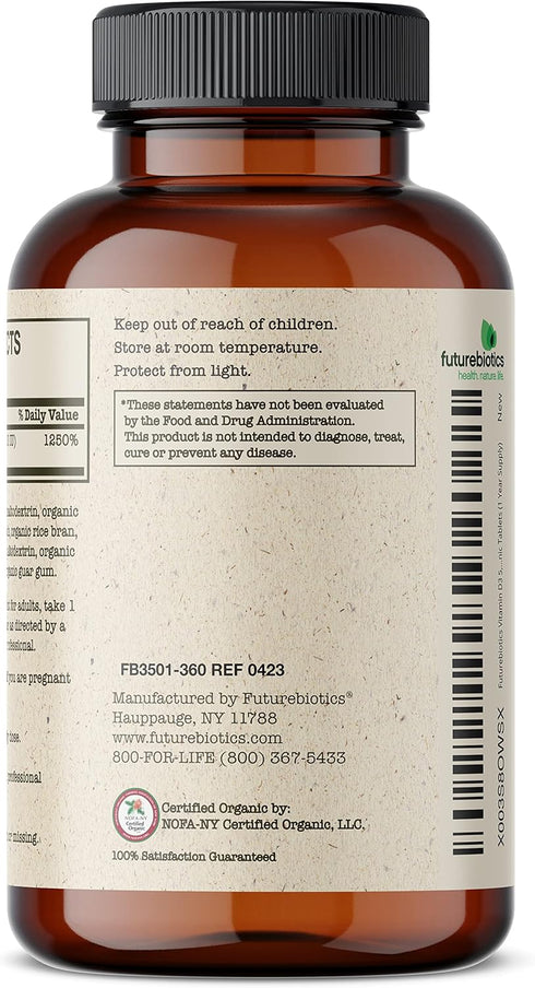 Futurebiotics Vitamin D3 5,000 IU (125 MCG) Supports a Healthy Immune Response, Helps Maintain Strong Bones and Muscles, 360 Organic Tablets (1 Ye...