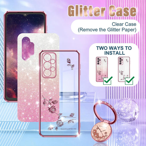 Likiyami (3in1 for Samsung Galaxy A32 5G Case for Women Girls Glitter Girly Cute Bling Flowers Phone Cases with Ring Stand Unique Design Sparkle F...