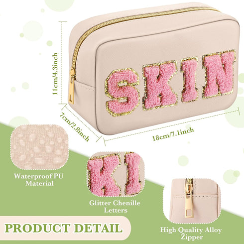 Sanwuta 4 Pcs Chenille Bag Preppy Patch Makeup Bag Cosmetic Bag Chenille Letters Toiletry Bag PU Leather Waterproof Portable Pouch Travel Organize...