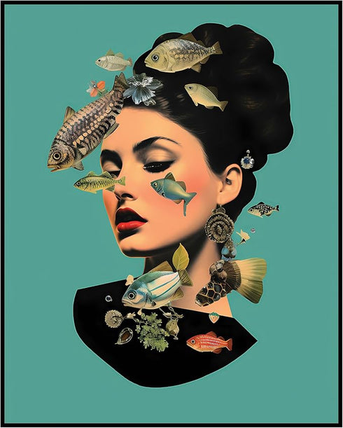 Posterizer 1 pcs-fishes and a vintage woman collage-Art for Animal Lovers-Retro Art-Gift for Art Lovers- UNFRAMED Wall Art...