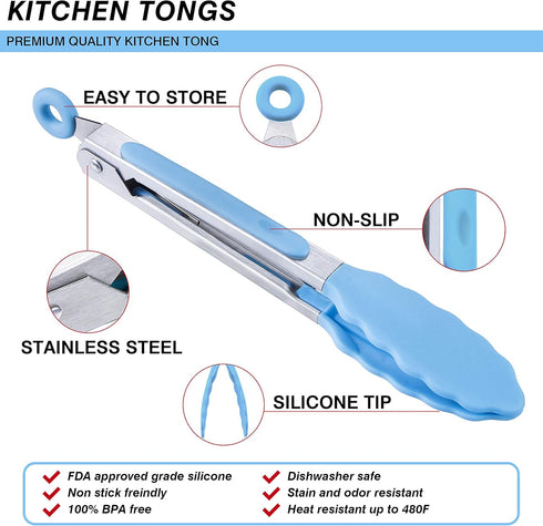 MSY BIGSUNNY Kitchen Food Tongs - 7" Mini Silicone Serving Tongs - Set of 3 (Blue)...