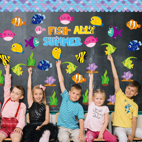 CY2SIDE 89PCS O-Fish-Ally Summer Cut-Outs Decor for Classroom Bulletin Board Border, Summer Tropical Fish Cut-Outs Trim Borders, School Summertime...