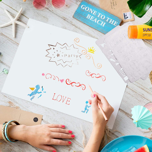 48 Pieces Journal Planner Stencils Plastic Bullet Stencil with A6 File Bag, Steel Ruler and 2 Pieces Metal Key Rings for Notebook, Diary, Scrapboo...