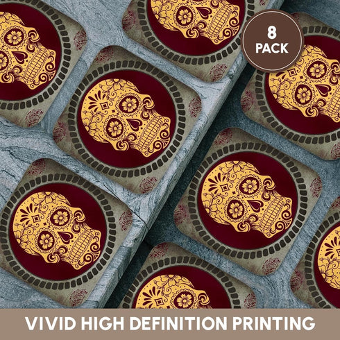 3D Rose Day of The Dead Cool Design Grey Soft Coasters, Yellow/Burgundy/Gray, 8 Count...