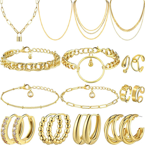 Henoyso 16 Pcs Gold Jewelry Sets for Women 4 Gold Necklace 4 Gold Bracelets 4 Gold Earring 4 Knuckle Rings Hoop Stud Earrings for Women Girls Vale...