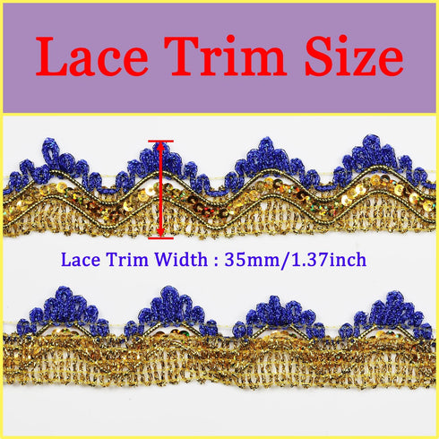 Long 14 Yard Wide 35mm/1.37inch Blue Gold with Gold Sequins lace Trim Decorated Gimp Trim Craft Ribbon for DIY Craft Sewing Fabric, Crafts and Sew...