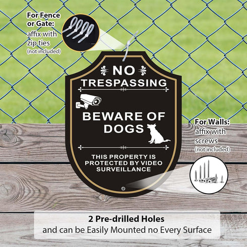 2 Pack Beware of Dog Signs for Fence, 9.6 x 7.7 inches, No Trespassing This Property is Protected by Video Surveillance Sign, Rust-Free/Fade Resis...