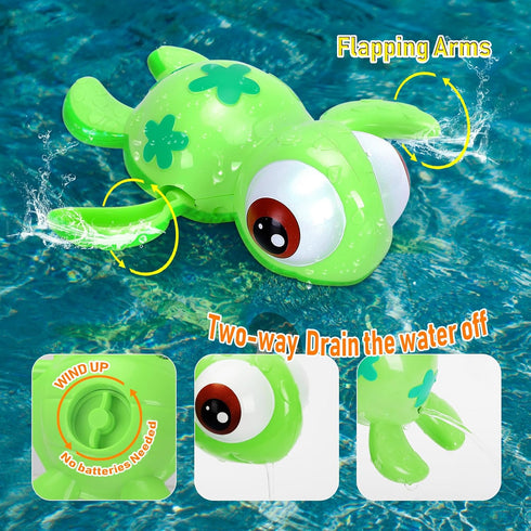 Bath Toys Set for Toddlers 1-3 Kids 4-8, 3Pcs Wind Up Swimming Turtle Water Toys with 1Pcs Shark Fishing Net, Floating Wind Up Turtle Bathtub Toys...