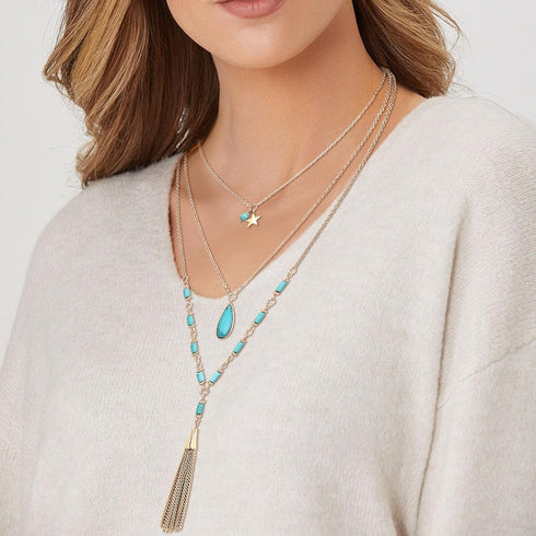 Bohemian Jewelry for Women, Turquoise Necklace for women, Layered Necklaces Dangle Earrings Turquoise Jewelry Set...