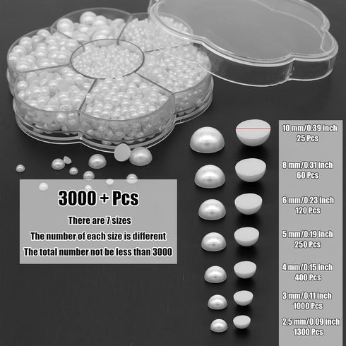 YAKA 3000PCS 1 Box 7Sizes 2.5/3/4/5/6/8/10mm Flat Back Half Round Pearl Cabochon Bead Loose Beads Gem for Nail Craft Scrapbook DIY Decoration (Whi...