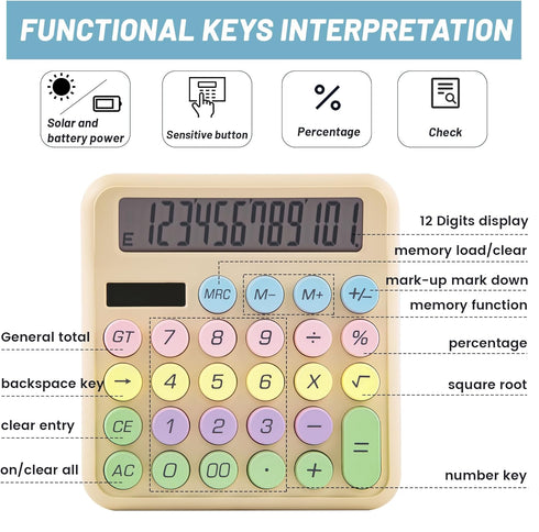Calculators Desktop, Beige Mechanical Calculator, Cute Calculator 12 Digit Desk Basic Calculator Large Display, Dual Power Solar Battery, Office H...