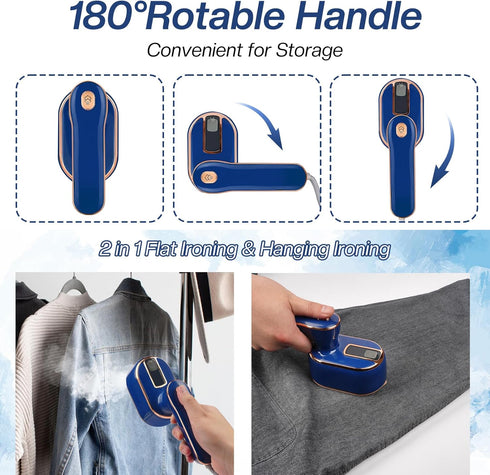 Mini Steam Iron, Travel Steamer for Clothes Portable Mini Iron, Portable Steamer for Dry and Wet Ironing, 970W Handheld Steamer 180° Rotatable Gar...