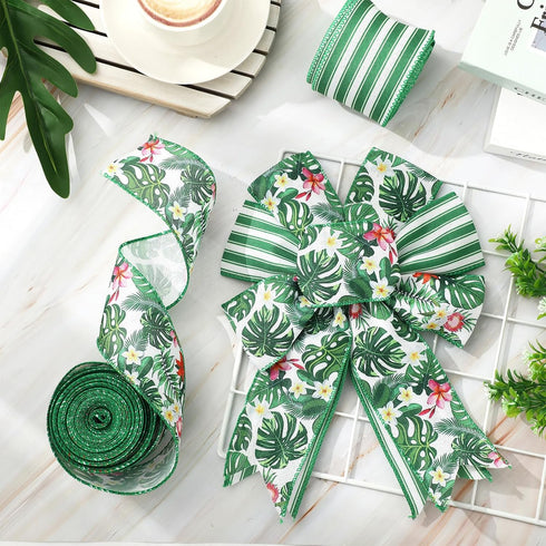 Palm Leaf Stripe Wired Edge Ribbon Tropical Green Floral Craft Fabric Ribbon for Summer Wreath Bow DIY Wrapping Party Decor, 2 Rolls, 20 Yard...