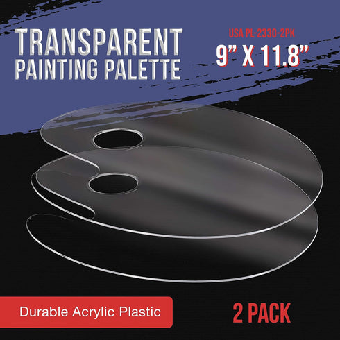 U.S. Art Supply 9" x 11.8" Clear Oval-Shaped Acrylic Painting Palette (Pack of 2) - Transparent Plastic Artist Paint Color Mixing Trays - Non-Stic...