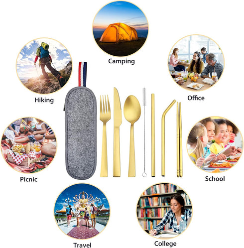 Matte Gold Travel Utensils with Case, E-far 8-Piece Reusable Travel Silverware Set, Metal Portable Camping Cutlery Flatware Set Includes Knife, Fo...