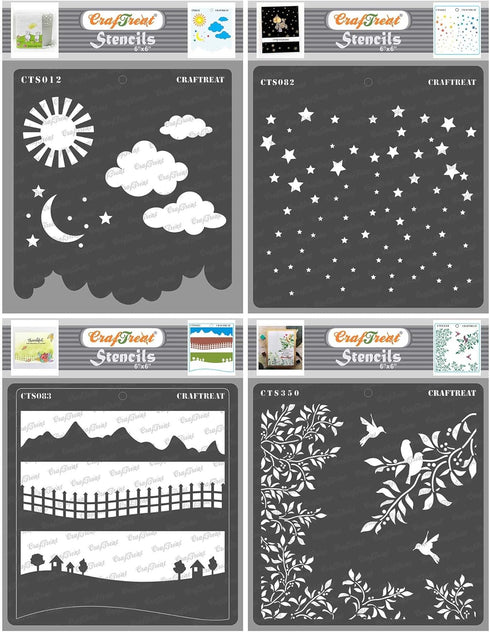 CrafTreat Stencils for Painting on Wood, Canvas, Paper, Fabric, Floor, Wall and Tile - Clouds and Stars, Starry Sky, Landscapes, Leaves and Branch...