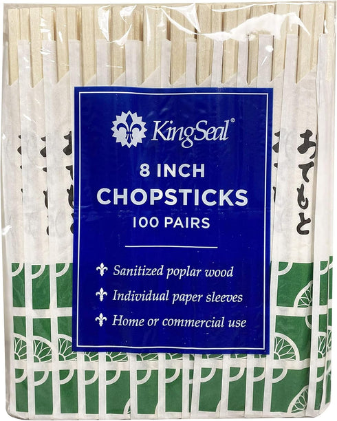 200 Count | KingSeal 8 Inch Natural Poplar Disposable Wood Chopsticks, Paper Sleeve, Waribashi, Bulk Pack - 2 Packs x 100 Pairs...