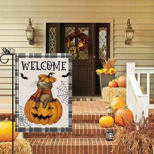 Halloween Garden Flag Cat Pumpkin Head Bat Buffalo Plaid Vertical Double Sided Flag Halloween Holiday Farmhouse Yard Lawn Outdoor Party Decor 12.5...