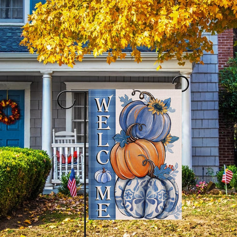 Welcome Fall Blue Pumpkin Small Decorative Garden Flag, Autumn Plaid Check Sunflower Yard Lawn Outside Decor, Thanksgiving Seasonal Burlap Outdoor...