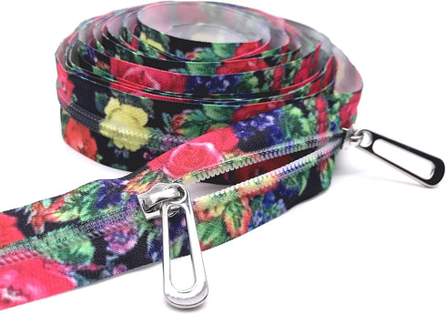 Goyunwell #5 Zippers by The Yard Nylon Coil Long Zippers for Sewing 5 Yard Zipper Tape with Rose Flower Pattern and 10pcs Silver Zipper Pulls for ...
