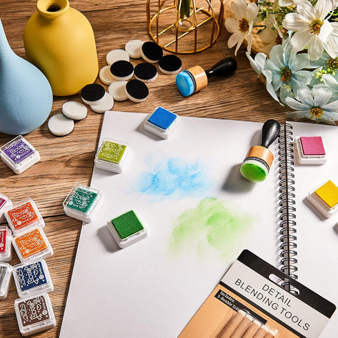 52 Pieces Mini Ink Blending Tools with Replacement Foam Pads Ink Pads Detail Blending Tools and 24 Colors Craft Ink Pad Stamps for Distressing Scr...
