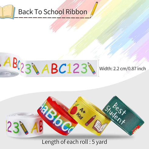 WILLBOND 4 Rolls 20 Yards Back to School Ribbon Apple Pattern ABC Pencil School Theme Ribbons for Wrapping Gift Fabric Wrapping Ribbon for Bow Wre...