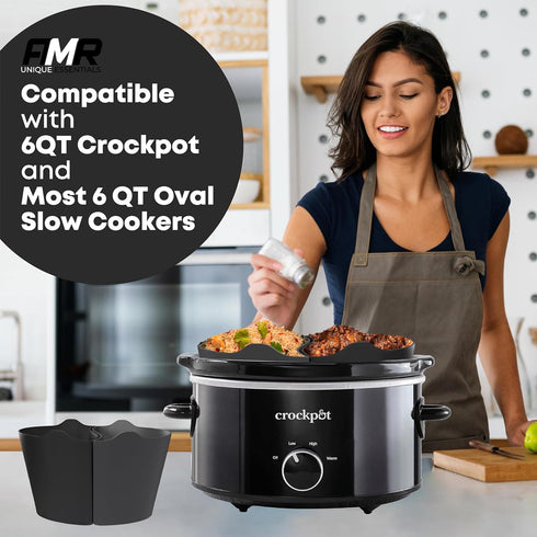 AMR 2in1 Slow Cooker Liners for 6-8 QT Crockpots, Silicone Crockpot Liner for Cooking 2 Dishes, Leak Proof & Dishwasher Safe...