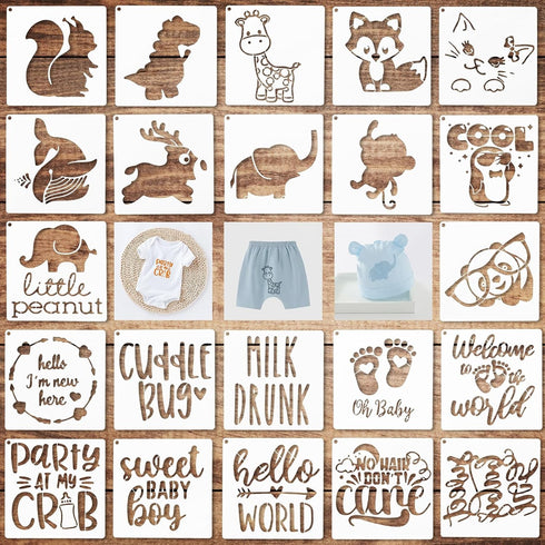 Varku 22 PCS Baby Shower Stencils PET for Onesie, Infant One-piece Deorative Kit Lovely Cartoon, Boy Girl Baby Shirt Fabric Stencils for Clothes, ...