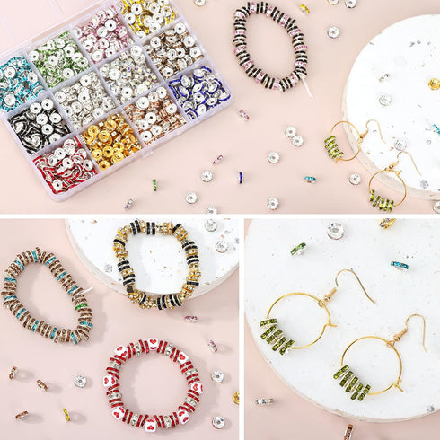 QUEFE 720Pcs Rhinestone Spacer Beads for Jewelry Making, Rondelle Crystal 8mm Bead for Necklaces, Bracelet Pendants (12 Colors)...