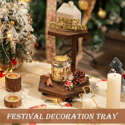 Tikea Hexagonal Wood Riser for Display, 2-Tier Rustic Wood Pedestal Stand for Kitchen Bathroom Counter Decor, Decorative Tray for Soap Dispenser, ...
