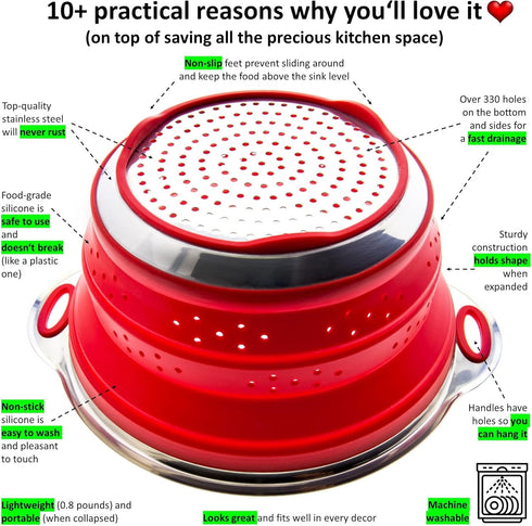 Collapsible Colander and Funnel - Stainless Steel Meets Red Silicone. RV Accessories for Inside, Camper Organization and Storage Idea, Motorhome, ...