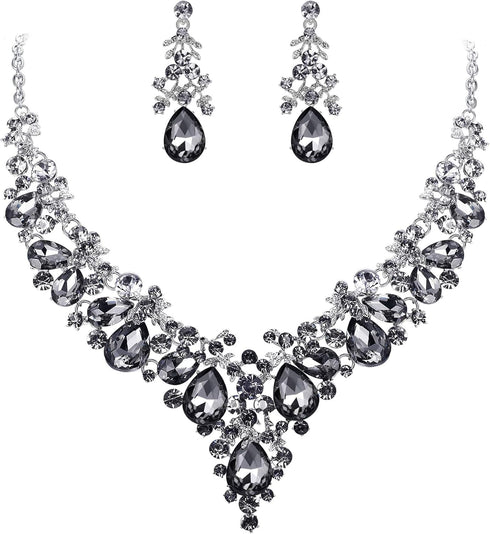 EVER FAITH Women's Crystal Elegant Bridal Floral Cluster Teardrop Statement Necklace Earrings Set...