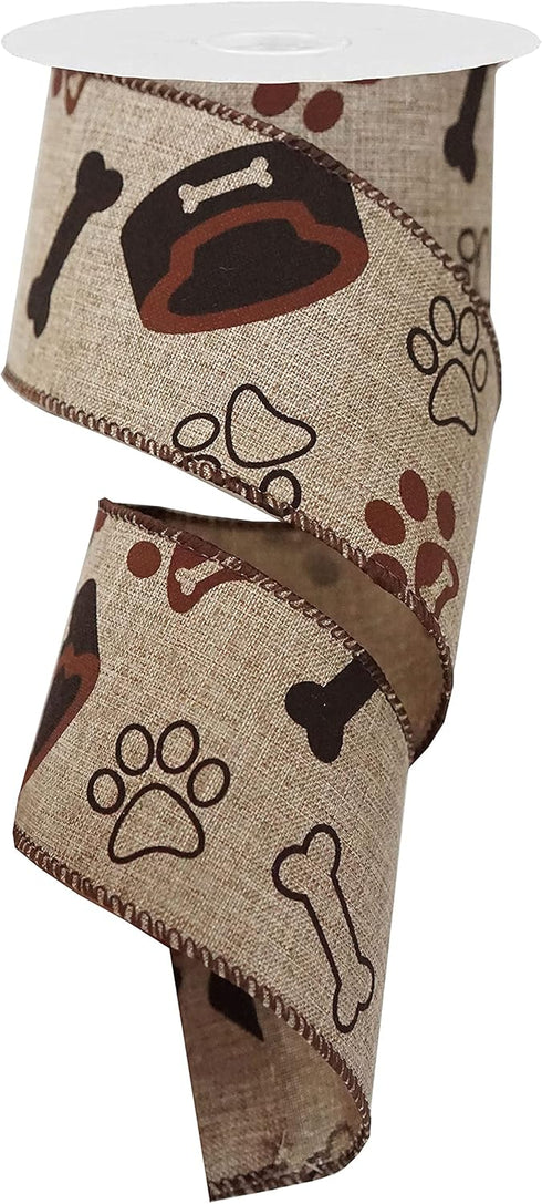Dog Paw and Bone Print Wired Ribbon, Burlap Dog Ribbon with Wired Edge, 2.5 Inch x 10 Yards/ 30 Feet (Brown)...