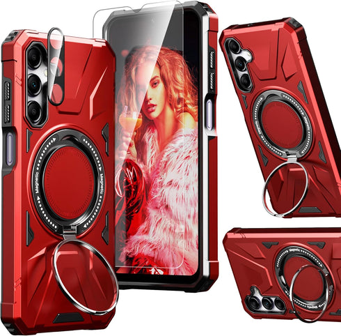 Galaxy A15 5G Phone Case with Screen Protector+360°Ring Holder Stand+Camera Lens Protector,Dual Layer Protective Sturdy Magnetic Heavy Duty Protec...