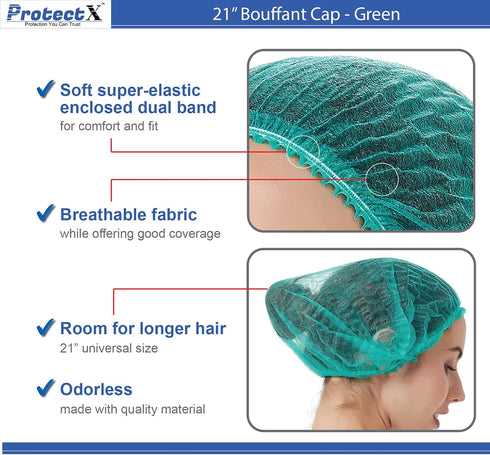 ProtectX 100-Pack Green Disposable Hair Nets, Elastic Head Cover, Bouffant Caps, Sanitation Head Cover for Food Service, Spa Men & Women - 21 inch...