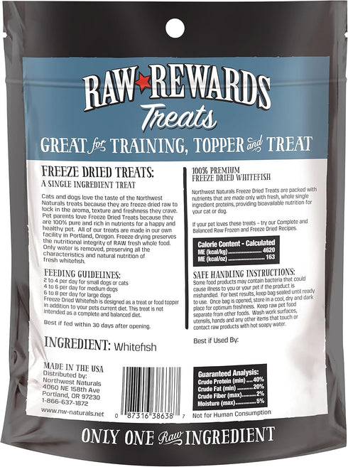 Northwest Naturals Raw Rewards Freeze-Dried Whitefish Treats for Dogs and Cats - Bite-Sized Pieces - Healthy, 1 Ingredient, Human Grade Pet Food, ...