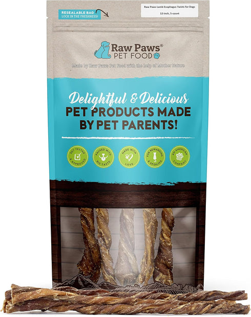 Raw Paws Lamb Esophagus Twists for Dogs, 12 inch, 5-ct - Packed in USA - Lamb Weasand Twist - Natural Dog Lamb Treats from Free-Range Sheep - Lamb...