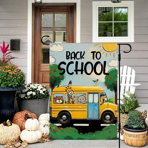 Back to School Garden Flag School Bus Animals Flag 12×18 Inch Double Sided Buffalo Plaid Fall Farmhouse Yard Flag Seasonal Outdoor Decor...
