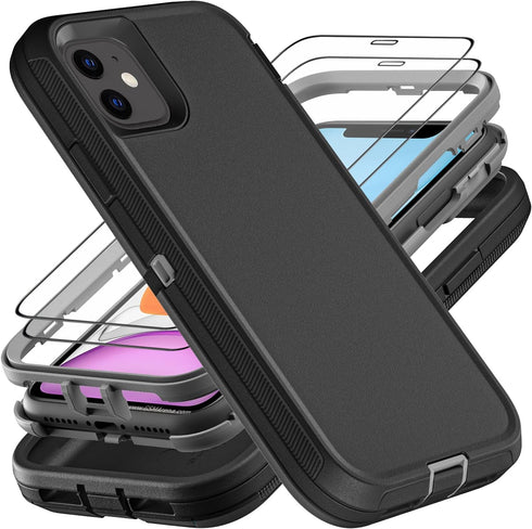 for iPhone 11 Case, Military Grade 3 in 1 Heavy Duty Shockproof/Drop Proof/Dust Proof Case with 2Pcs Tempered Glass Screen Protector (Black/Grey)....