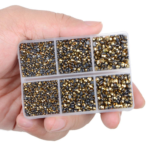 LPBeads 6400 Pieces Hotfix Rhinestones Metallic Gold Flat Back 5 Mixed Sizes Crystal Round Glass Gems with Tweezers and Picking Rhinestones Pen...