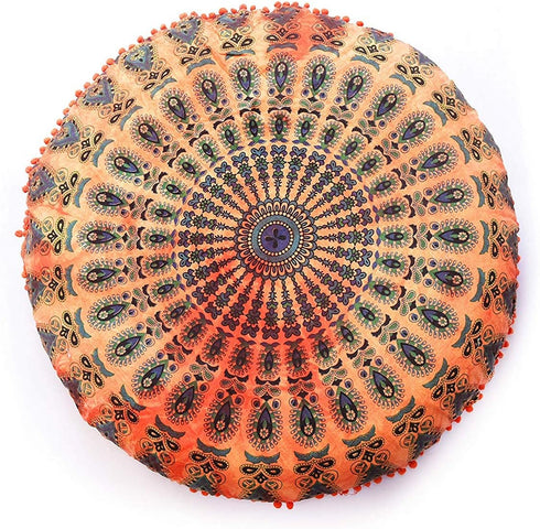 32 Inch Floor Pillow "Cover Only" Orange Tie Dye Mandala Cushion Case Seating Throw Hippie Decor Round Meditation Cushion Cover Ottoman Bohemian P...